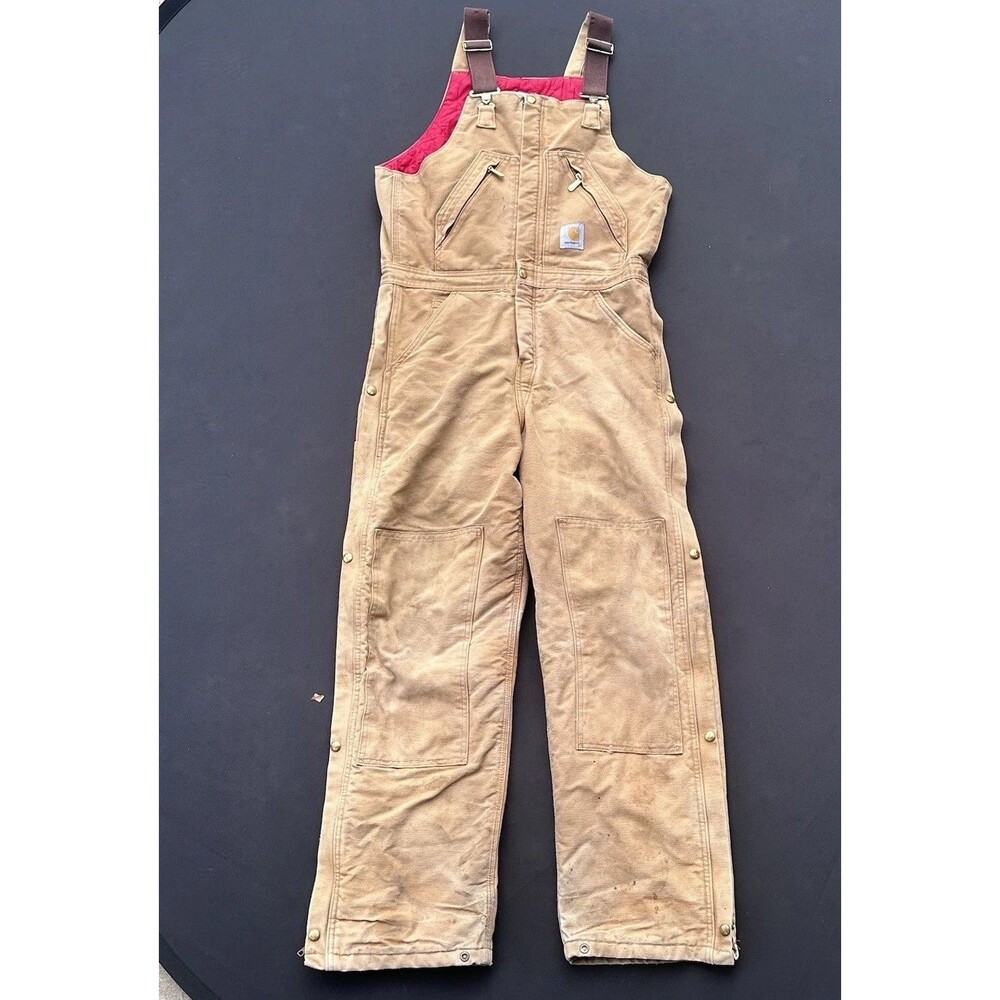 Carhartt Menโs 32x32 Brown Insulated Duck Bib Overalls Red Quilt Lined